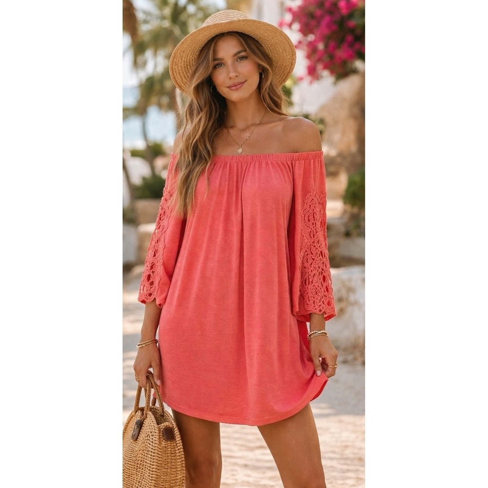 2B Together Lace Sleeve Coral Mini Dress Womens Size Medium Perfect Summer Dress